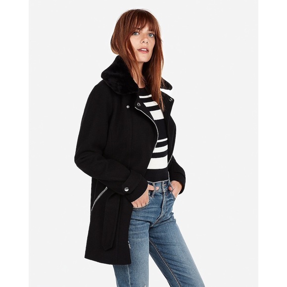 NWT Short Faux Fur Collar Belted Wool-Blend Coat - Picture 3 of 8